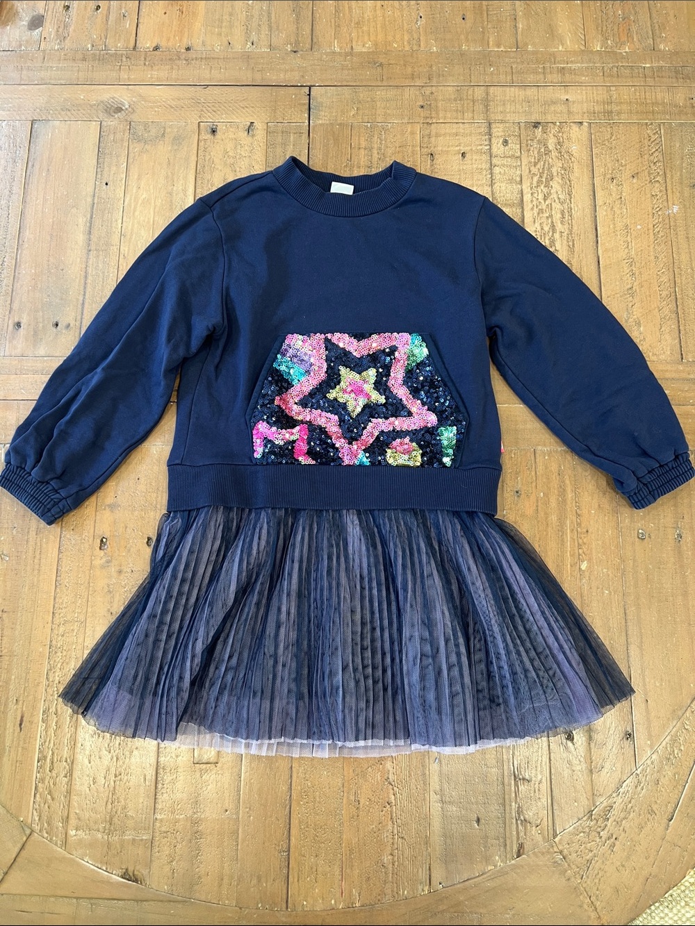 Billieblush navy sequin star long sleeve tulle sweatshirt dress girls 6